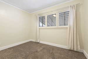 Carpeted empty room featuring crown molding