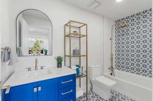 Full bathroom featuring tile patterned flooring, tiled shower / bath, toilet, and vanity