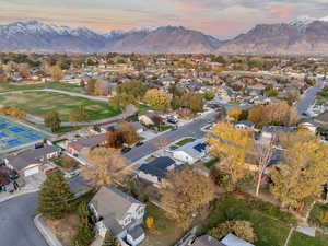 Aerial view at dusk with a mountain view