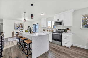 Kitchen with hardwood / wood-style floors, an island with sink, appliances with stainless steel finishes, decorative light fixtures, and white cabinetry