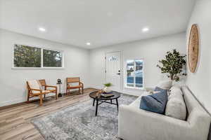 Living room featuring light hardwood / wood-style floors and a healthy amount of sunlight