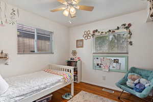 Bedroom with ceiling fan and wood-type flooring