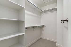 Spacious closet with light carpet