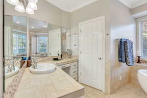 Bathroom with vanity, tiled bath, and ornamental molding