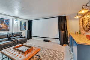 Cinema room featuring light colored carpet and a textured ceiling