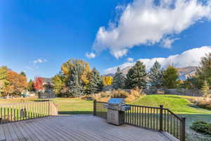 Wooden terrace featuring a playground, a grill, a trampoline, a mountain view, and a yard