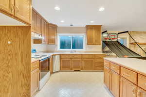 Kitchen with white electric stove, sink, and dishwasher