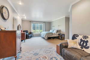 Primary bedroom featuring light colored carpet and crown molding