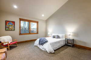 Carpeted bedroom with vaulted ceiling