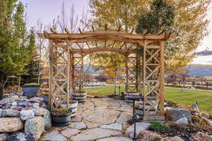 View of patio / terrace featuring a mountain view