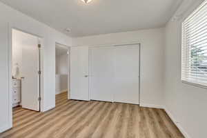 Unfurnished bedroom with light hardwood / wood-style flooring and a closet