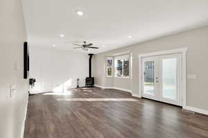 Family room with cozy wood burning stove.