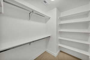 Walk in closet with light colored carpet