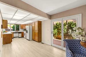 Kitchen with a healthy amount of sunlight, light wood-type flooring, and white appliances