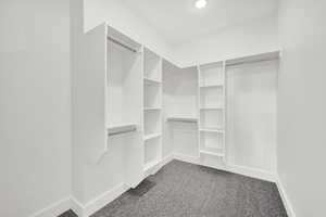 Spacious closet with dark carpet