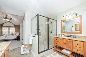 Primary Bathroom 2nd Vanity & Tiled Shower with Glass Door