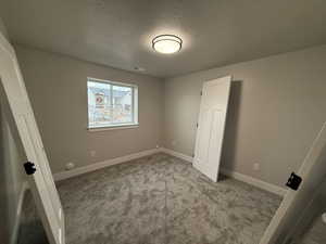 Unfurnished bedroom with carpet flooring and a textured ceiling