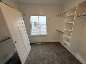 Walk in closet featuring dark colored carpet