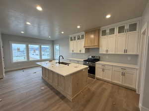 Kitchen with custom range hood, gas stove, sink, a center island with sink, and white cabinets