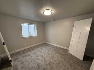 Empty room featuring carpet and a textured ceiling