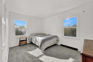 Bedroom featuring light carpet and multiple windows