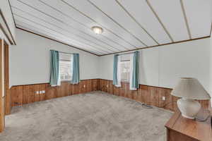 Empty room with carpet flooring, wood walls, and ornamental molding