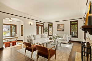 Living room featuring dark wood-type flooring