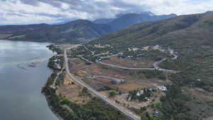 Aerial view with a water and mountain view