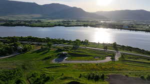 Aerial view of a water and mountain view