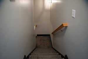 2nd story stairs featuring carpet flooring