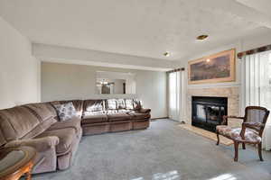 Carpeted living room featuring a premium fireplace