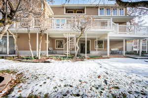 View of decks, balconies and patio in the back yard.