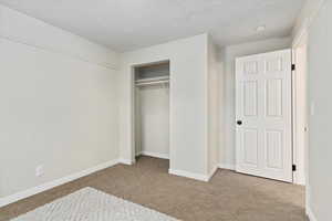 Unfurnished bedroom with light colored carpet, a textured ceiling, and a closet