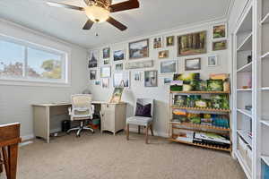 Office with a textured ceiling, light colored carpet, and ceiling fan