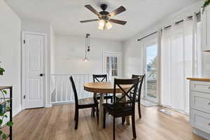 Dining space featuring ceiling fan, plenty of natural light, and light wood-type flooring