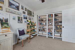 Sitting room featuring carpet, a textured ceiling, ceiling fan, and crown molding