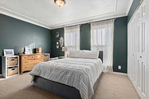 Bedroom with light carpet, a closet, and ornamental molding