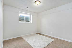 Carpeted spare room featuring a textured ceiling