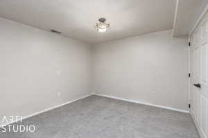 Empty room featuring carpet flooring and a textured ceiling