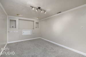 Empty room featuring carpet, ornamental molding, and a textured ceiling