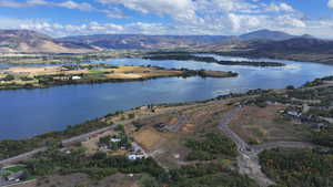 Aerial view with a water and mountain view