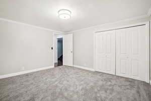 Bedroom with new carpet, six panel closet doors, fresh paint, and crown molding.