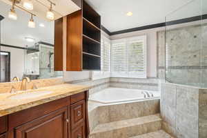 Master Bathroom with step up jetted tub, walk in shower.