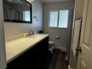 Bathroom with hardwood / wood-style floors, vanity, and toilet