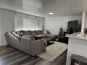 Living room with a textured ceiling and dark hardwood / wood-style floors