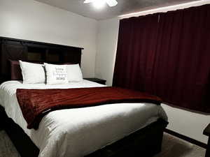 Carpeted bedroom with ceiling fan and a barn door