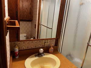 Bathroom featuring sink and a shower with shower door