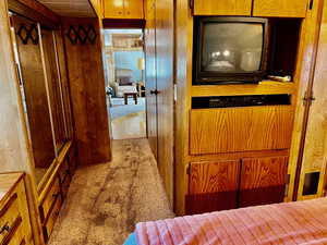 Hallway featuring light colored carpet and wooden walls