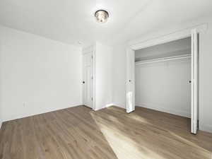 Unfurnished bedroom featuring hardwood / wood-style flooring and a closet