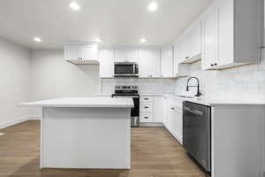 Kitchen with appliances with stainless steel finishes, white cabinetry, a kitchen island, and sink